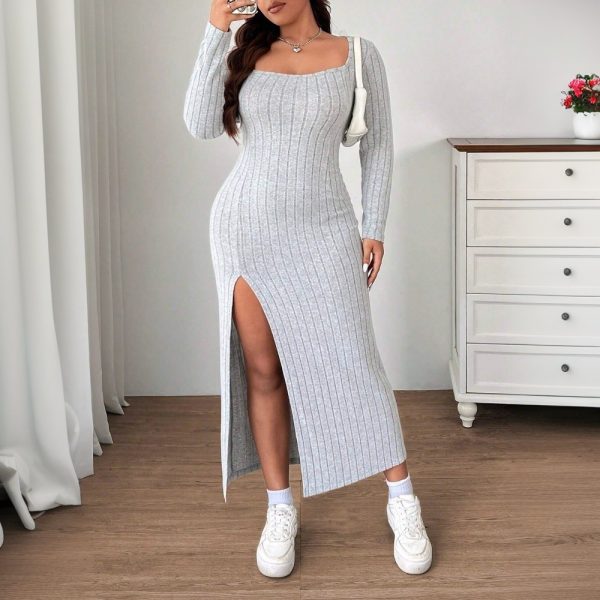 Plus Size Women’s Slim Fit Slit Midi Dress for Autumn Winter