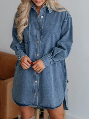 Women’s Casual Slimming Long Sleeve Button Denim Dress