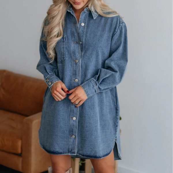 Women's Casual Slimming Long Sleeve Button Denim Dress