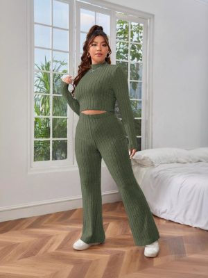 Plus Size Women’s Slim Fit Solid Color Two-Piece Set for Autumn Winter