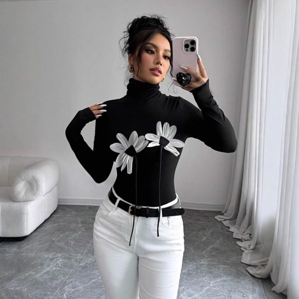 Black Sexy Turtleneck Floral Appliqué Long Sleeve Fitted Top for Women - Spring Fashion - Image 4