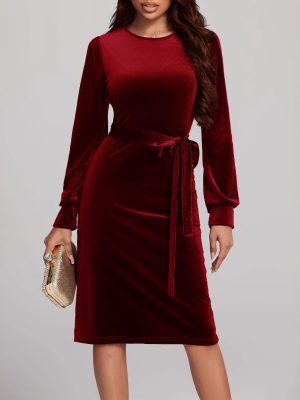 Autumn Winter Velvet Lace-Up Dress – Long Sleeve Waist Controlled