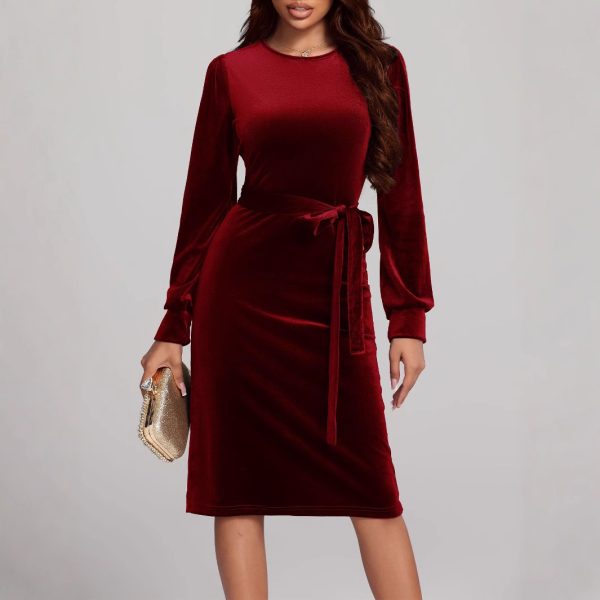 Autumn Winter Velvet Lace-Up Dress - Long Sleeve Waist Controlled