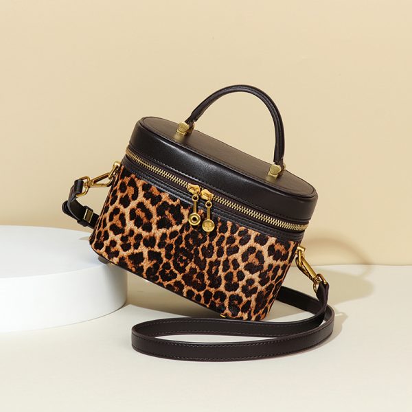 Leopard Print Black Leather Portable Cosmetic Bag with Horse Hair - Image 2