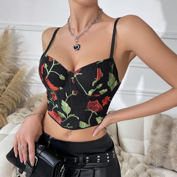 Women's Floral Embroidered Corset Vest with Boning - Image 2