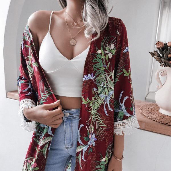 Tassel Bell Sleeve Floral Rayon Sun Protection Beach Cover-Up - Image 2