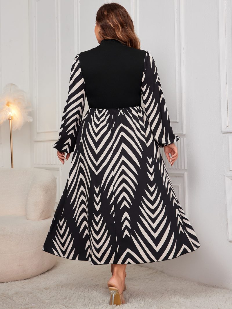 Plus Size Puff Sleeve Slimming High Waist Autumn Dress - Image 3