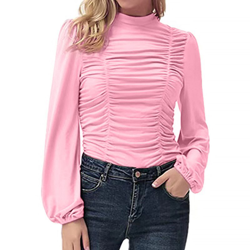 Women’s Autumn Winter Thermal Pleated Lantern Sleeve Slim Top