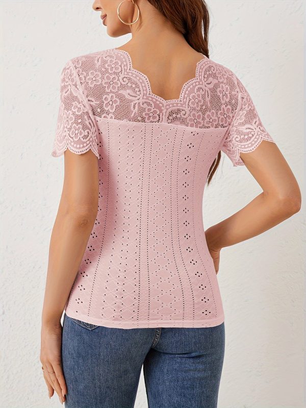 Fan-Shaped Front & Back V-Neck Lace Stitching Slim Fit T-Shirt for Women - Image 5