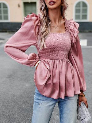 Solid Color Smocking Long Sleeve Shirt for Women