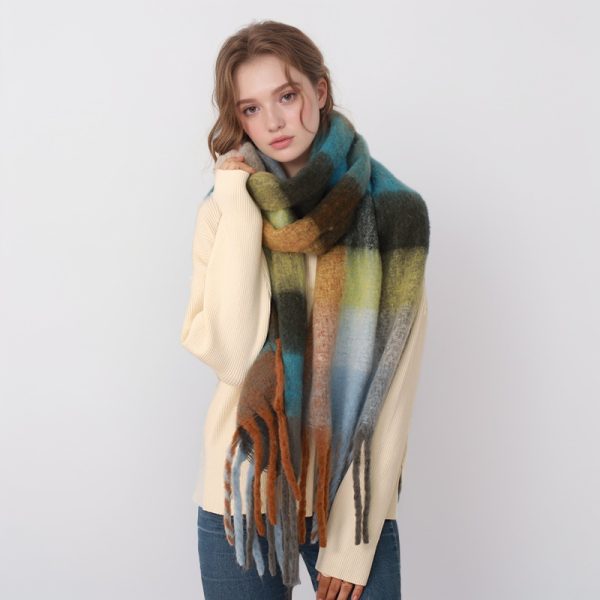 Autumn Winter Women Mohair Cashmere Plaid Warm Thickened Scarf - Image 3