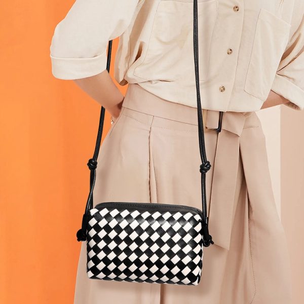 Hand Woven Chessboard Plaid Crossbody Bag Women Black White