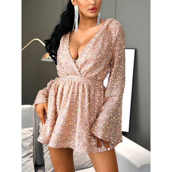 Pink Long Sleeve Backless V-Neck Glitter Dress - Women’s Evening Wear