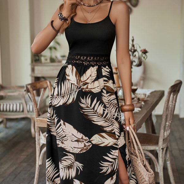 Women’s Summer Maxi Dress - Printed Spaghetti Strap Waist Trim Design - Image 2