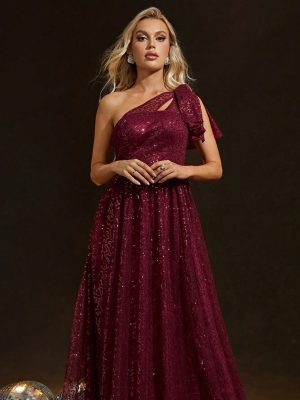 Wine Red Sequined One Shoulder Evening Dress for Women