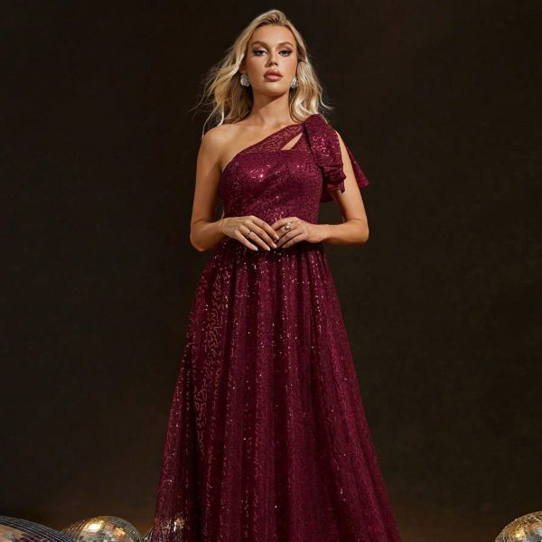 Wine Red Sequined One Shoulder Evening Dress for Women