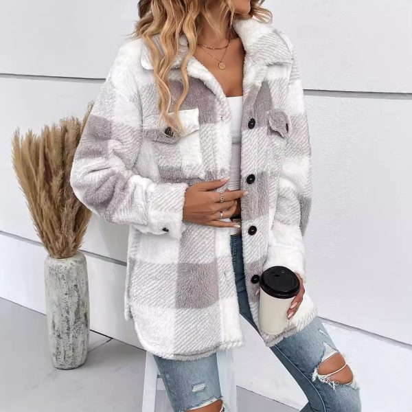 Women’s Color Matching Plaid Button Jacket, Warm Plush Coat - Image 6