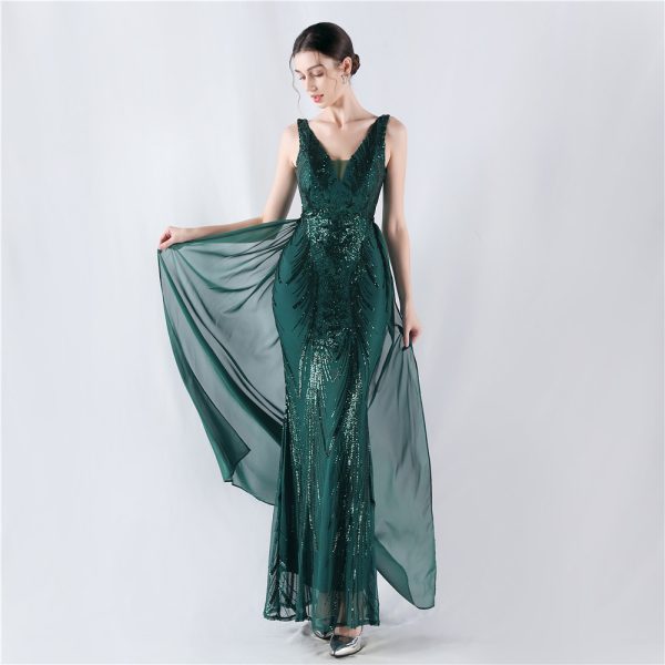 Floral Sequin Beaded Evening Dress with Cloak - Image 5