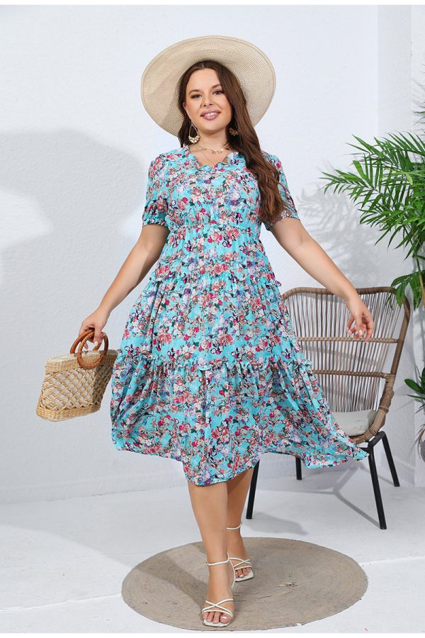 Plus Size Floral Chiffon Midi Dress with Ruffle V-Neck and Elastic Waist - Image 2