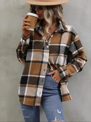 Women’s Autumn Winter Plaid Flannel Shirt Windbreaker, Long Sleeve