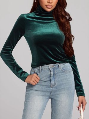 Autumn Gold Velvet Slim Fit High Collar T-Shirt for Women