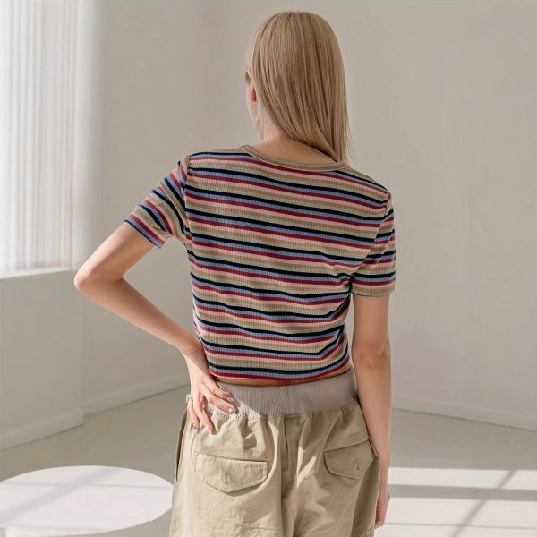 Women’s Round Neck Colorful Striped Short Sleeve Casual Korean T-shirt - Image 3