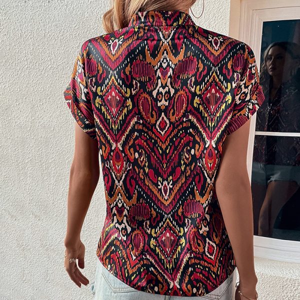 Printed Batwing Sleeve V-Neck Short Sleeve Shirt Top - Image 2