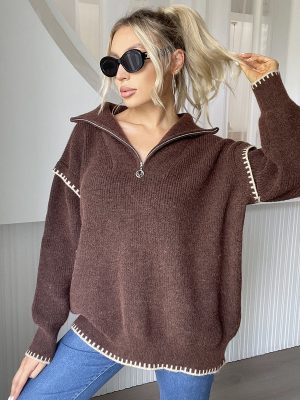 Women’s Zipper Half Open Collared Patchwork Knitted Cardigan Sweater