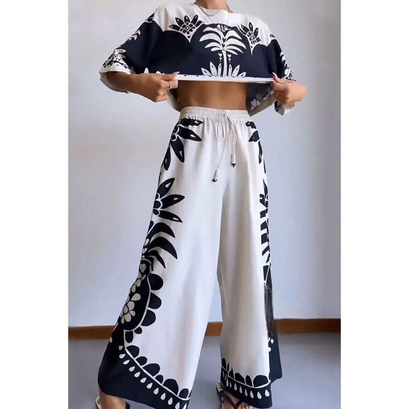 Women's Casual Short Sleeve Two-Piece Elastic Waist Set - Image 2