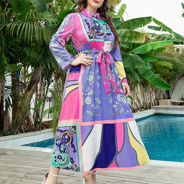 Plus Size Tropical Color-Block Printed Collared Maxi Shirt Dress - Image 3