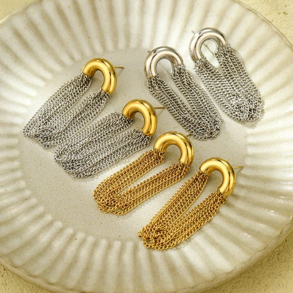 Elegant Curved Chain Long Tassel Titanium Steel Stud Earrings - Image 3