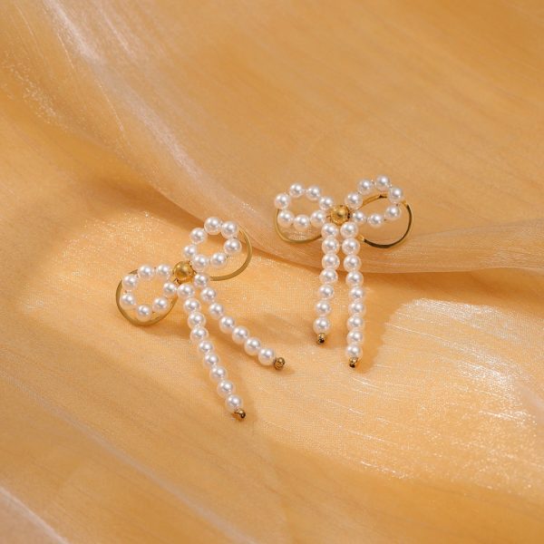 Pearl Bow Titanium Steel Heart Stud Earrings High-Grade Design - Image 2