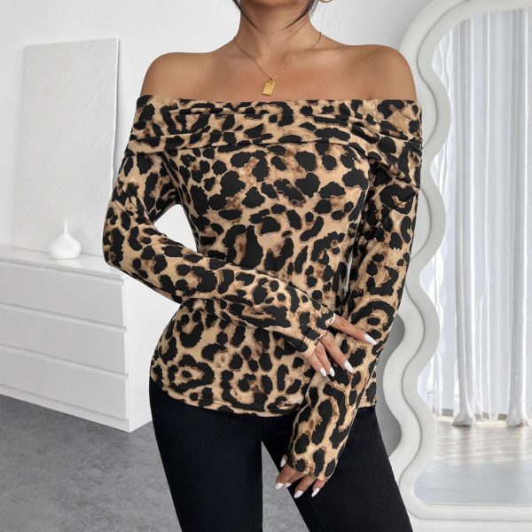 Sexy Leopard Print Off-Shoulder Long Sleeve Top for Women - Spring Fashion - Image 3