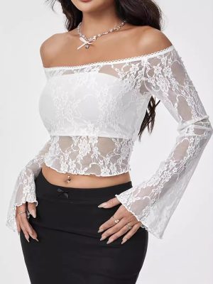 Women’s Off-Shoulder Lace Long-Sleeve Crop Top