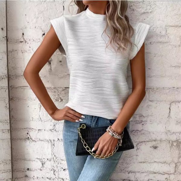 Women’s Summer Half Turtleneck Water Ripple Back Button Short Sleeve T-shirt - Image 4