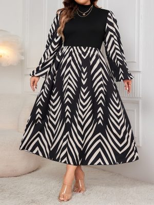 Plus Size Puff Sleeve Slimming High Waist Autumn Dress