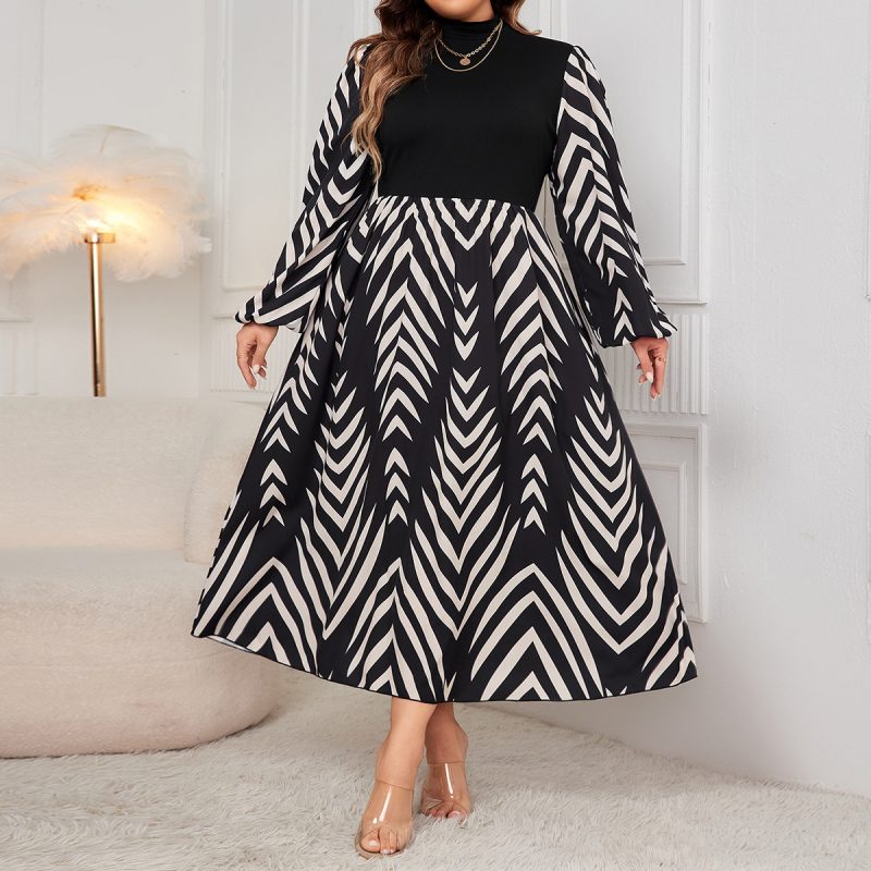 Plus Size Puff Sleeve Slimming High Waist Autumn Dress