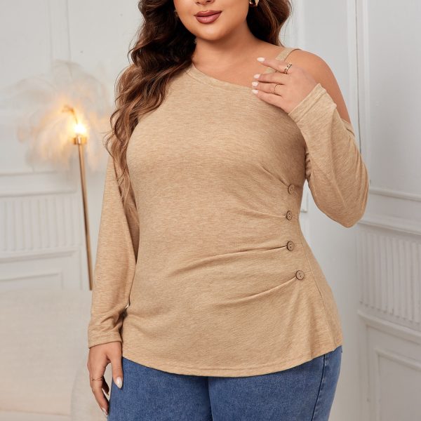 Plus Size Oblique Shoulder Loose Pullover Knitwear with Long Sleeves - Image 2