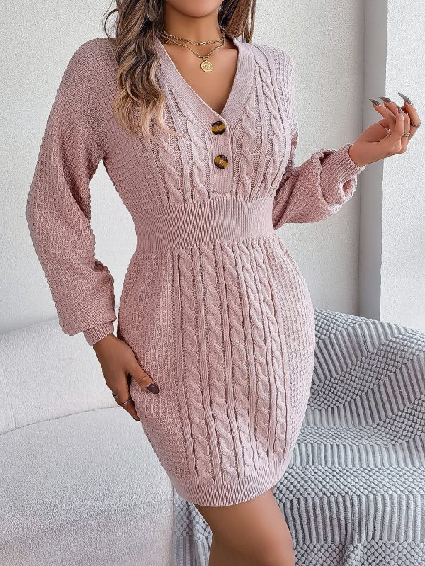 Fall Winter Button V-Neck Twist Lantern Sleeve Sweater Dress - Image 2