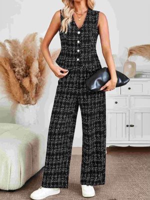 Women’s Knitted Plaid Vest and Wide-Leg Trousers Office Set