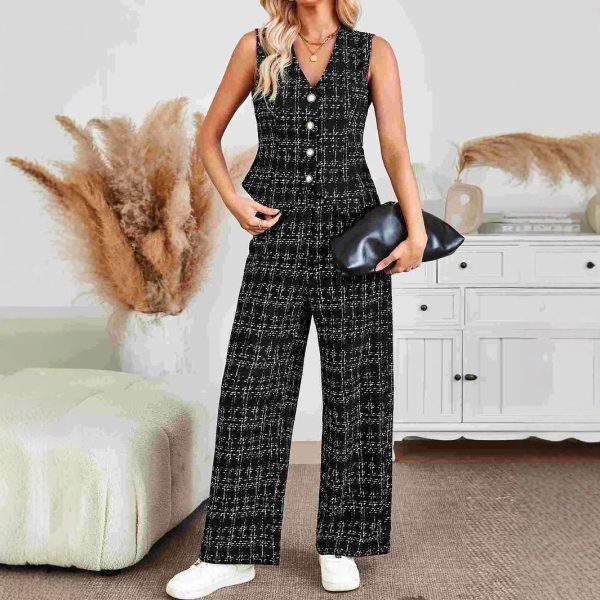 Women's Knitted Plaid Vest and Wide-Leg Trousers Office Set