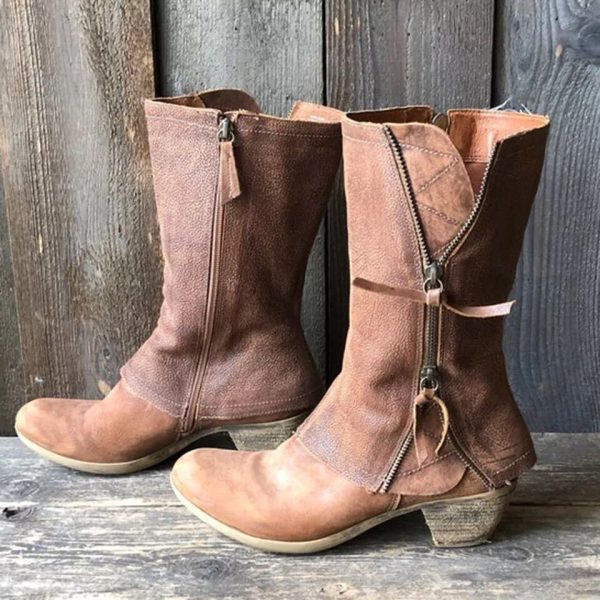 Women's Retro Leather Mid Heel Knight Boots with Side Zipper