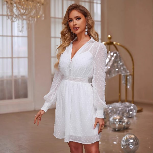 Autumn V-Neck Buttoned Long Sleeve Sweet Mesh Dress