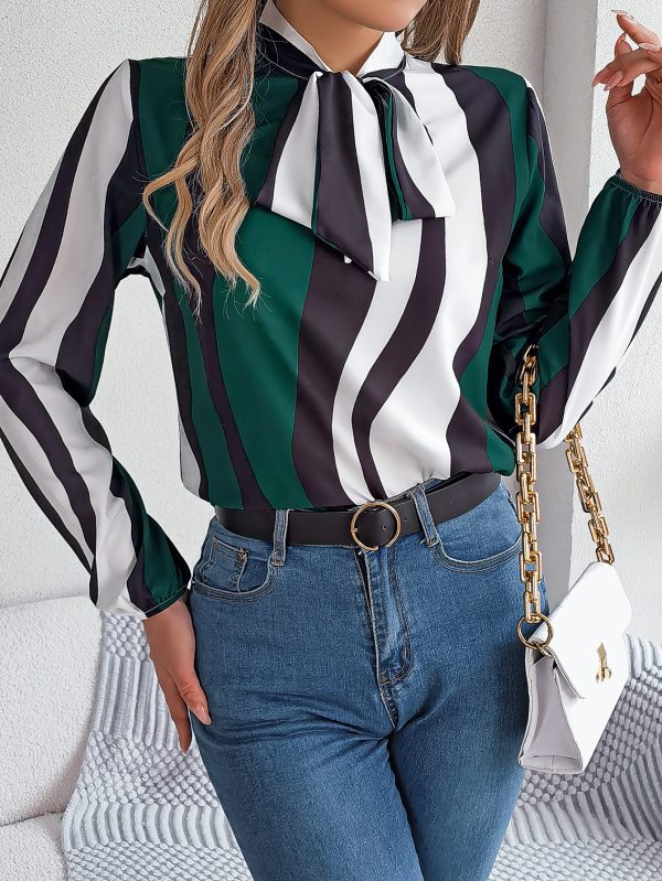 Elegant Contrast Color Striped Lace-Up Lantern Sleeve Chiffon Shirt - Image 2