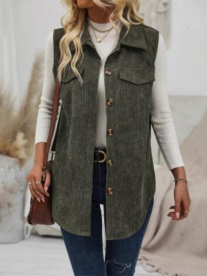 Women’s Fall Corduroy Collared Sleeveless Vest Shacket