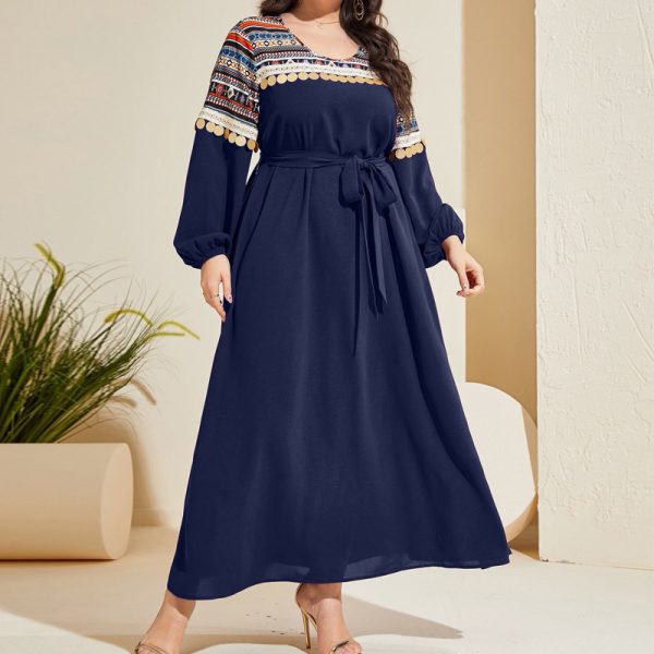 Plus Size Spring Autumn Lace-Up Waist Controlled Maxi Dress - Image 4