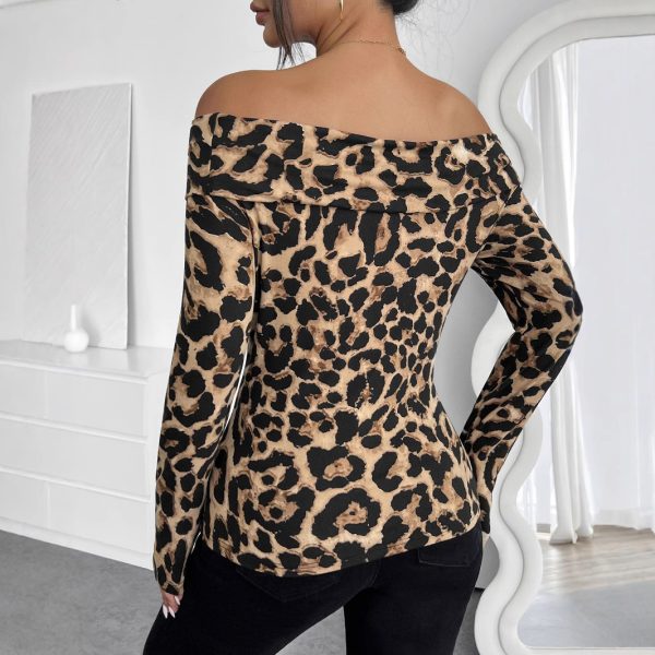 Sexy Leopard Print Off-Shoulder Long Sleeve Top for Women - Spring Fashion - Image 2