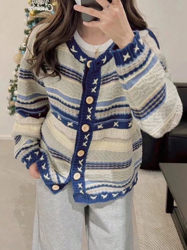 Women's Round Neck Striped Retro Sweater Cardigan - Image 2