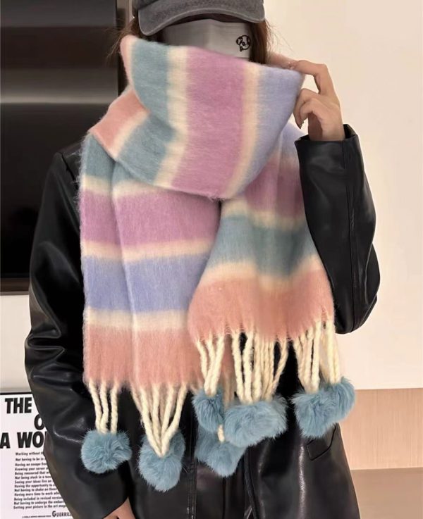 Girls' Fur Ball Mohair Scarf - Rainbow Striped Fringe Shawl - Image 3