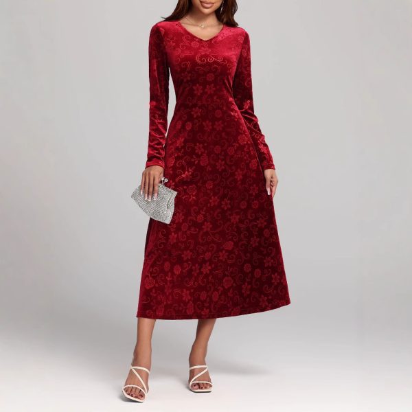 Autumn Winter V-Neck Printed Velvet Dress - Image 4